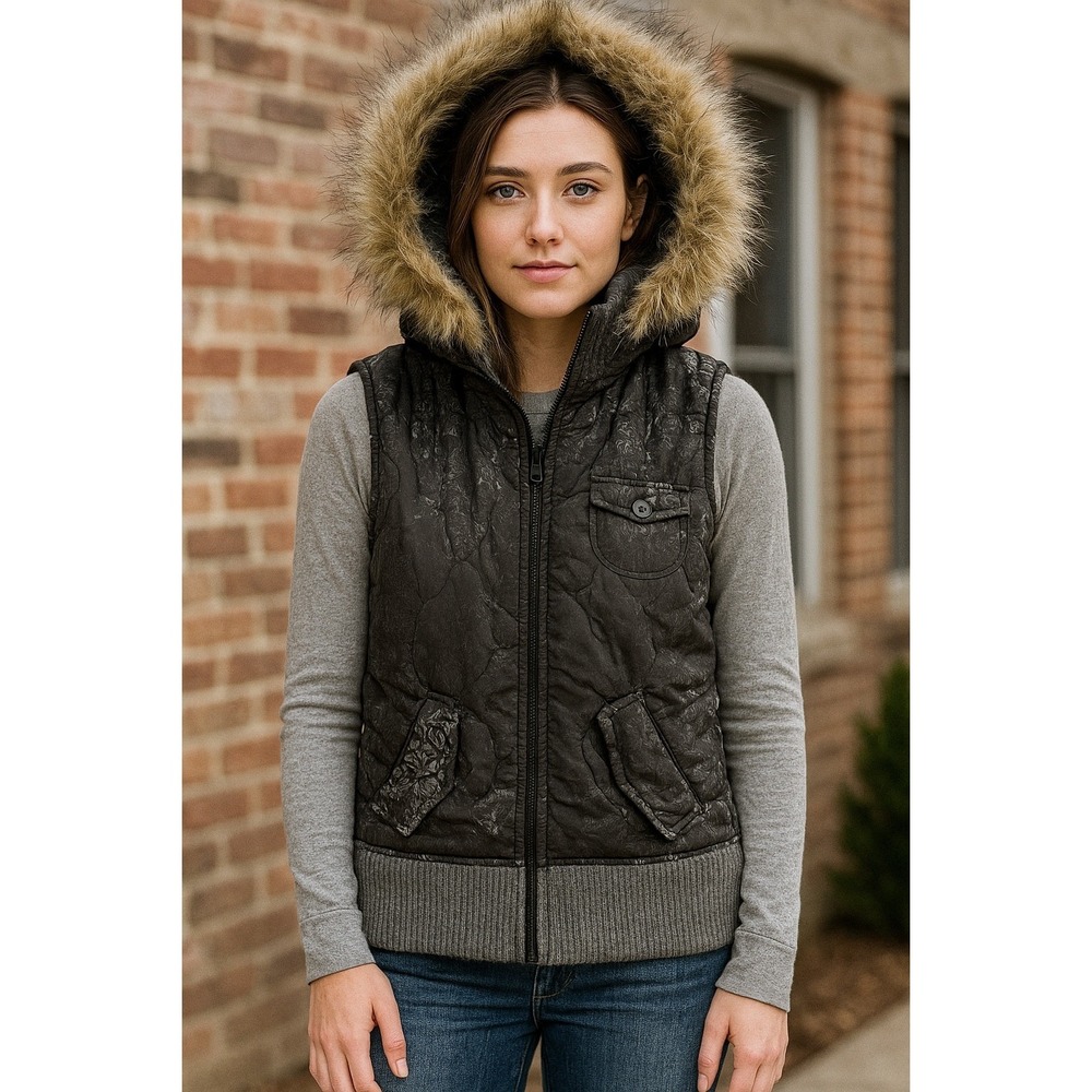 Empyre Reversible Quilted Hooded Vest Large Lambswool Grey Faux Fur Trim Boho - Picture 2 of 16